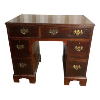 George IIII Mahogany Crossbanded Kneehole Desk of Drawers with Gilt Handles For Sale