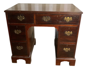 George IIII Mahogany Crossbanded Kneehole Desk of Drawers with Gilt Handles