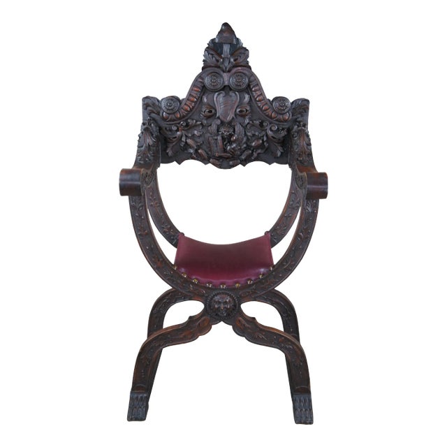 Late 19th Century Antique Italian Renaissance Revival Walnut Curule Savonarola Lion Throne Chair For Sale