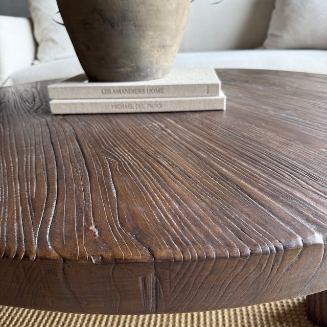 Wood Luna Reclaimed Elm Wood Coffee Table in Walnut Finish For Sale - Image 7 of 8
