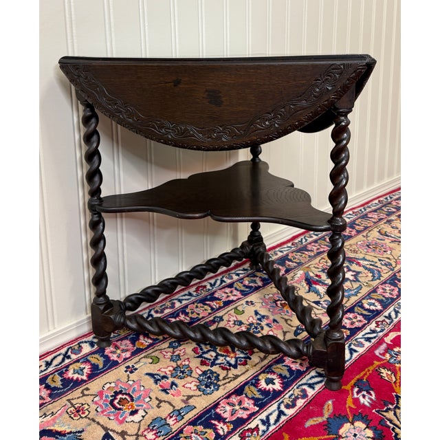 Brown Antique English Envelope Barley Twist Drop Leaf Side Table Carved Oak C. 1900 For Sale - Image 8 of 16