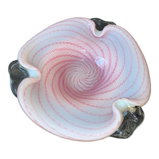 Vintage Murano Art Glass Centerpiece Bowl Opalescent White W/ Pink Latticinio For Sale