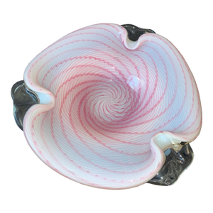 Vintage Murano Art Glass Centerpiece Bowl Opalescent White W/ Pink Latticinio