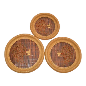 1970s Nesting Decorative Handcrafted Cane & Rattan Beaded Wall Plates Peacock Motif- Set of 3