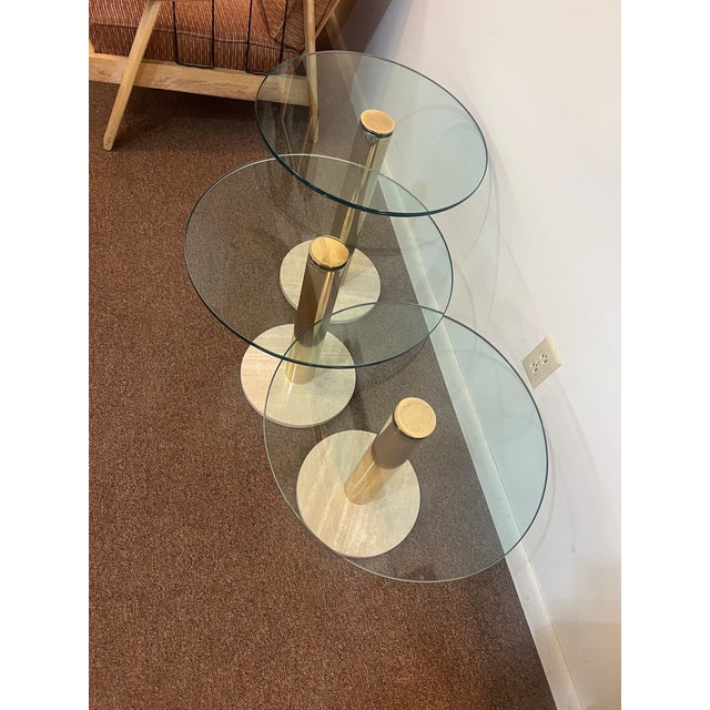 Pace Vintage Set of Three Glass Travertine Tiered Postmodern Side Tables For Sale - Image 4 of 9