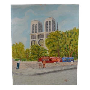 N. Zrinyi French School "The Booksellers on the Banks of the Seine in Front of Notre-Dame De Paris Cathedral" Oil Painting on Panel Signed, 1958