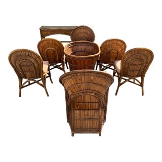 1970s Vintage Rattan Set Inspired by Gabriella Crespi's Rising Sun Dining Set of 7 For Sale