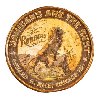 Turn-of-the-Century Banigan’s Rubbers Lion Tin Lithograph Advertising Sign For Sale