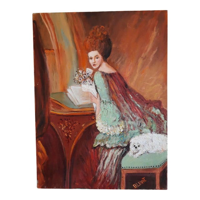 Original Lady & Dog Portrait Painting Bridgerton Style Signed For Sale