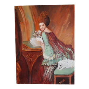 Original Lady & Dog Portrait Painting Bridgerton Style Signed