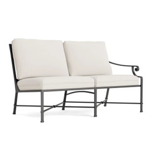 Brown Jordan Venetian Right Arm Loveseat, Textured Pewter frame with Fusion Natural fabric For Sale