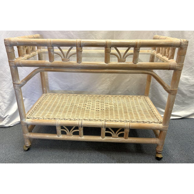 Wood Vintage Palm Beach Chic Ficks Reed Style Rattan and Glass Rolling Bar Cart For Sale - Image 7 of 14