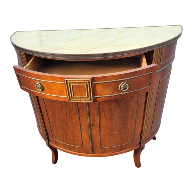 1970s 1970s Attributed John Widdicomb Demilune Cherry Sideboard Faux Marble Top Brass Inlay Cabinet For Sale - Image 5 of 18