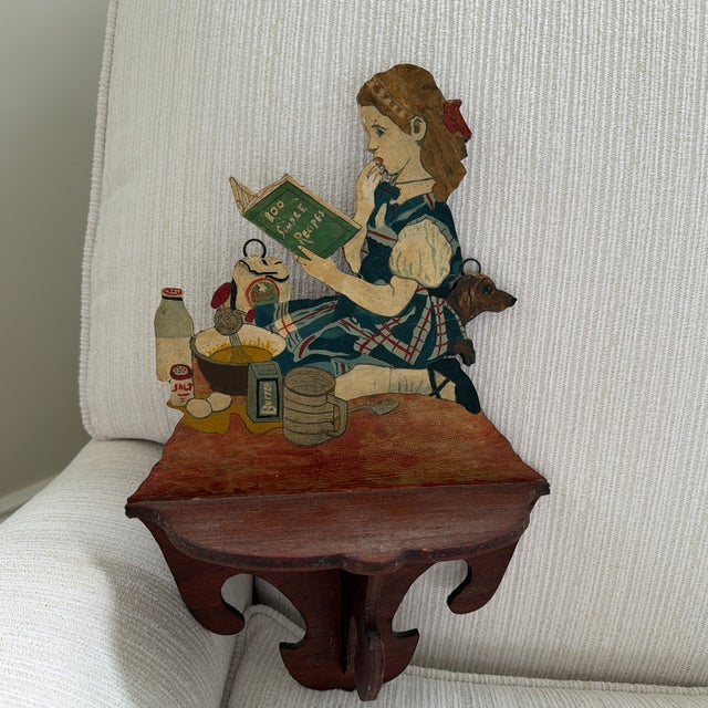 Wood Vintage Hand Painted Folk Art Wooden Kitchen Shelf Featuring Girl Baking With Dog For Sale - Image 7 of 10