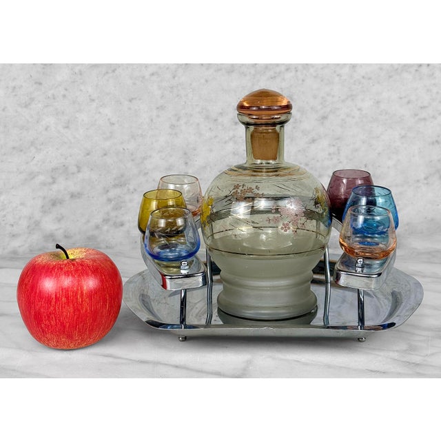 Original Mid-Century Barware Serving Decanter & Shot Glasses Set Includes Blown Glass Decanter w/ Stopper, 6 Shot Glasses...