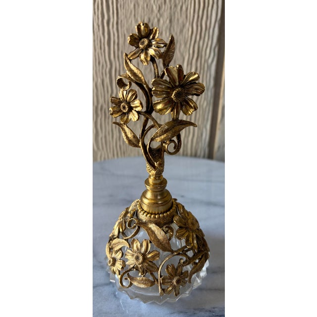 Glass Mid-Century Hollywood Regency Matson 24k Gold-Plated Floral Perfume Bottle For Sale - Image 7 of 7
