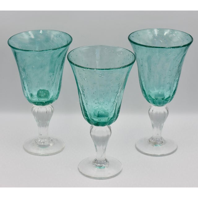 Glass 1990s Val De Pome Christophe Saba Biot Seeded Teal Wine/Water Stemware Goblets, France- Set of 3 For Sale - Image 7 of 7