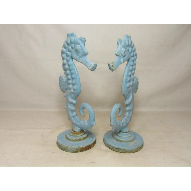 Robin's Egg Blue Pair of Vintage English Cast Iron Seahorses For Sale - Image 8 of 17