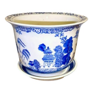 Vintage Chinese Blue and White Canton Ware Planter W/Tray For Sale