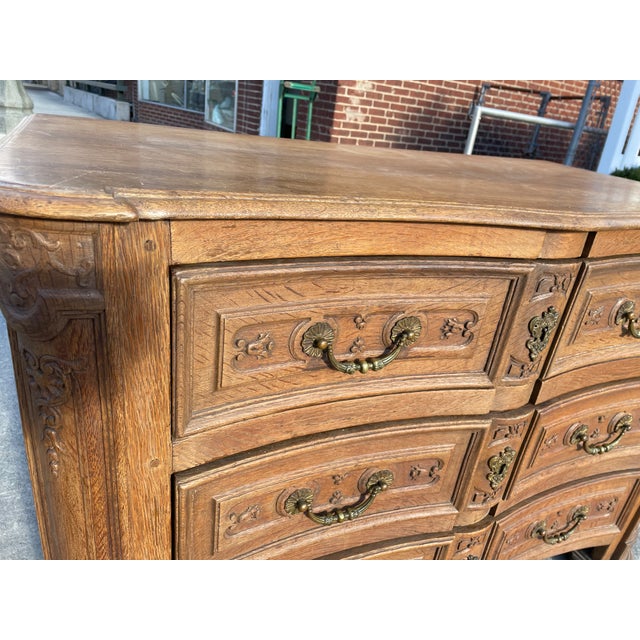 Rustic European 19th Century Carved Bell Flower European 3 Draw Chest Commode Dresser Brass Pull For Sale - Image 3 of 12