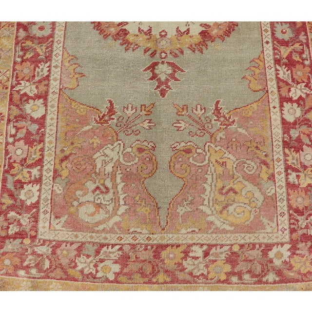 Turkish Oushak Vintage Rug With Floral Medallion Design in Red and Light Blue For Sale In Atlanta - Image 6 of 13