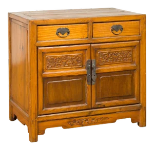 Antique Chinese Side Chest with Carved Motifs, Two Drawers and Double Doors