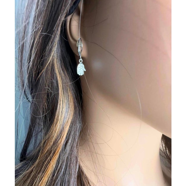 Modern 14k White Gold Diamond Hamsa Lever Back Earrings Symbolic Timeless Protection, A Pair For Sale - Image 3 of 6