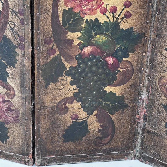 Animal Skin Antique French Hand-Painted Leather 4-Fold Room Divider Screen, 1890s For Sale - Image 7 of 10