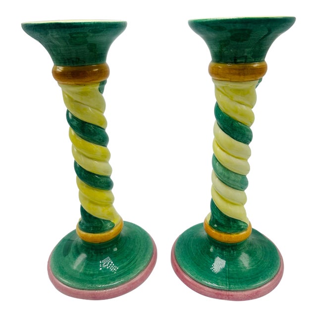 Italian Ceramic Candleholders, a Pair For Sale