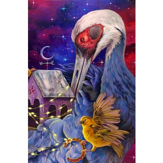 Lighting The Way by Gigi Chen | Acrylic on Wood Panel Crane with a Bird and a House at Night For Sale