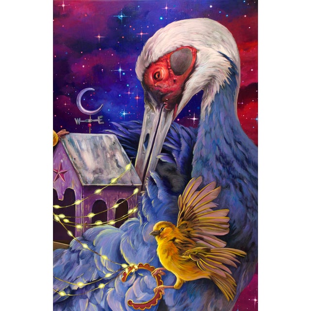 Lighting The Way by Gigi Chen | Acrylic on Wood Panel Crane with a Bird and a House at Night For Sale