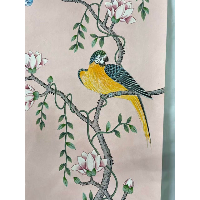Hand-Painted Chinoiserie Botanical Mural Wallpaper on Pink Edo Xuan Paper, Set of 4 Panels For Sale - Image 6 of 9