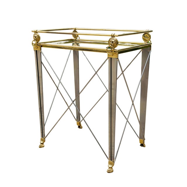 Vintage Maison Jansen Style Hollywood Regency Accent Table | French Neoclassical Brass Lion Head & Paw Feet | Glass Top...