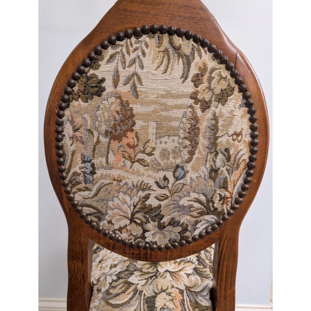 Brown Vintage Carved Walnut Balloon Chair Early Louis XV Style Tapestry For Sale - Image 8 of 14