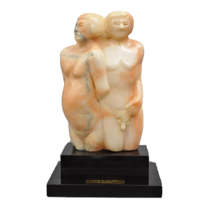 Late 20th Century Morton Gaffin "Adam & Eve" Modernist Carved Peach Alabaster Nude Sculpture
