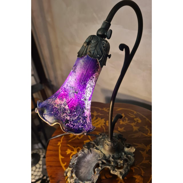 Cast Iron Lamp with Patinated Bronze Finish and Painted Tulip Shade, 1975 For Sale - Image 6 of 11