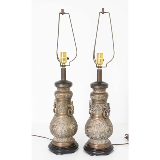 Bronze Pair Cast Bronze James Mont Style Lamps For Sale - Image 8 of 12