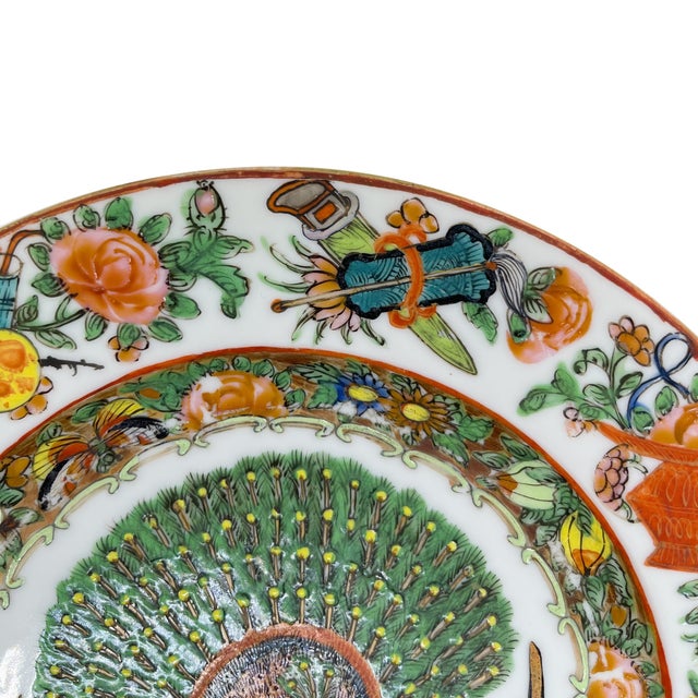 Metal Chinese Export Canton Famille Rose Plate With Rare Central Peacock, Ca. 1865 For Sale - Image 7 of 10