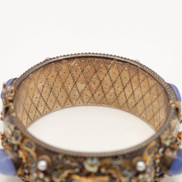 1900 - 1909 Antique Hungarian Silver Vermeil Enamel Chalcedony Seed Pearl Bangle For Sale - Image 4 of 10