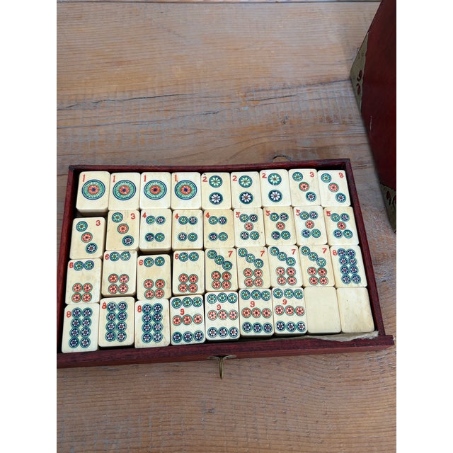 Vintage Chinese Mahjong Set, Bone & Bamboo Tiles, 5-Drawer Rosewood Case With Brass Hardware For Sale - Image 9 of 13