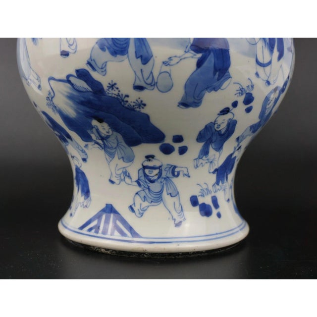 Blue Antique Chinese Blue & White "Hundred Boys" Porcelain Vase With Wooden Cover (Kangxi Period) For Sale - Image 8 of 13