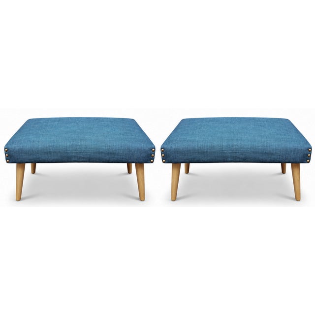 Wood 1960s Danish Modern Blue Upholstered Ottomans Footstools - Pair For Sale - Image 7 of 7