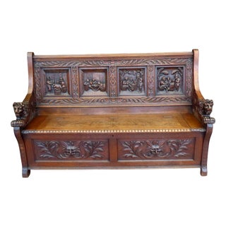 Victorian Carved Country Oak Settle with Lions and Mythical Creatures, 1840 For Sale