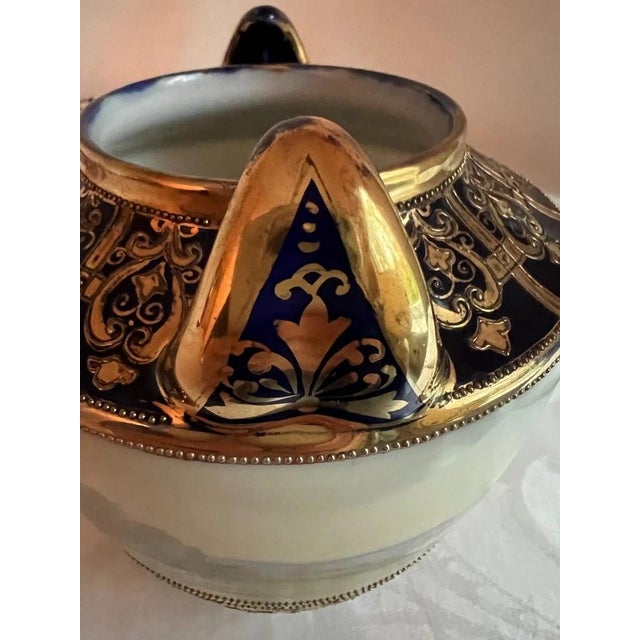 Japanese Antique Nippon Porcelain Scenic Vase, Hand-Painted Cobalt Blue & Gold For Sale - Image 3 of 11
