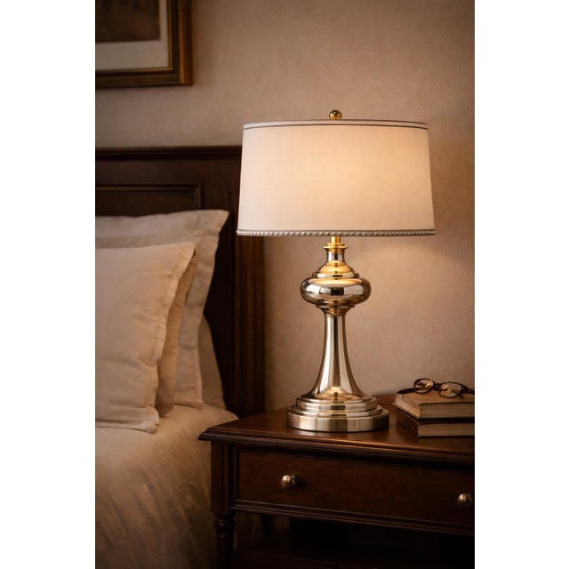 Linen Late 20th Century Ralph Lauren Polished Metal Table Lamp With Linen Drum Shade For Sale - Image 8 of 8
