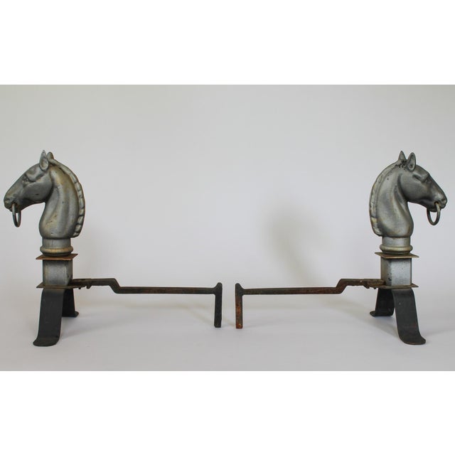 Pair of Vintage Cast Iron Horse Head Andirons For Sale - Image 4 of 13