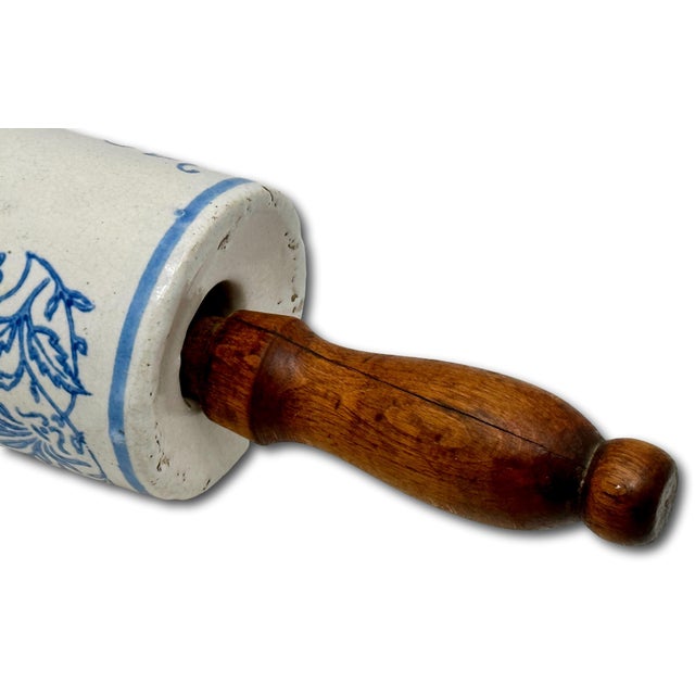 Unusual Antique American Wood Handle Stoneware Kitchen Rolling Pin With 4 Blue Wildflower Decorations For Sale - Image 12 of 16