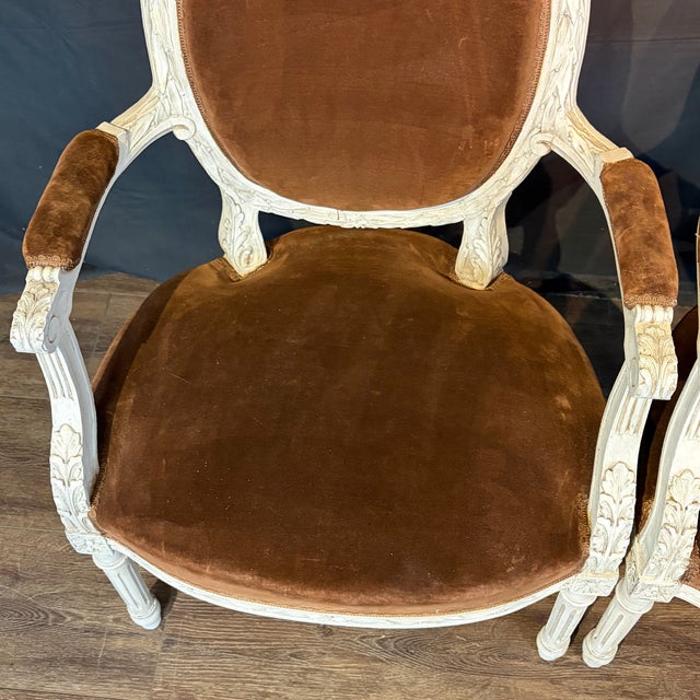 19th Century French Louis XVI Carved and Painted Armchairs -a Pair For Sale - Image 4 of 14
