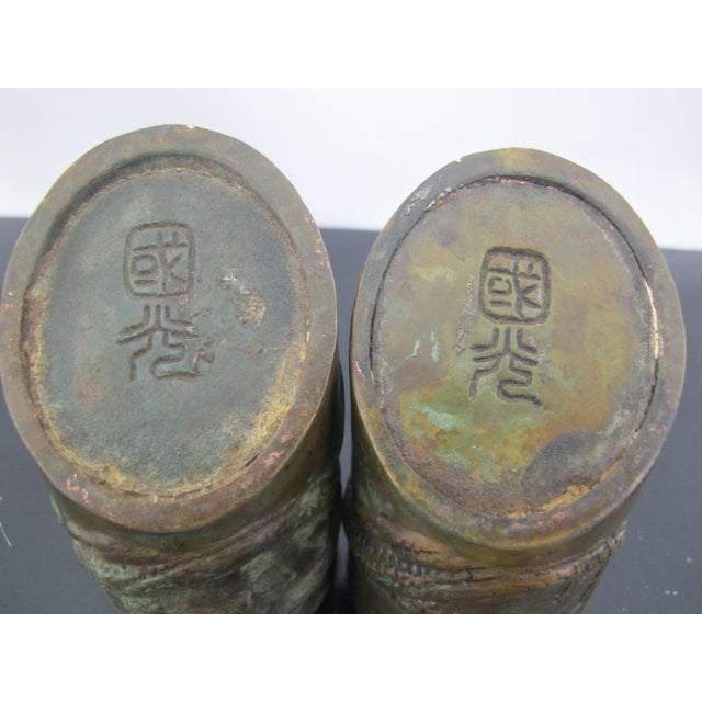 19th Century Chinese Bronze Dragon With Pearl Hoof Shaped Brush Cup Paperweight Pair For Sale - Image 5 of 18