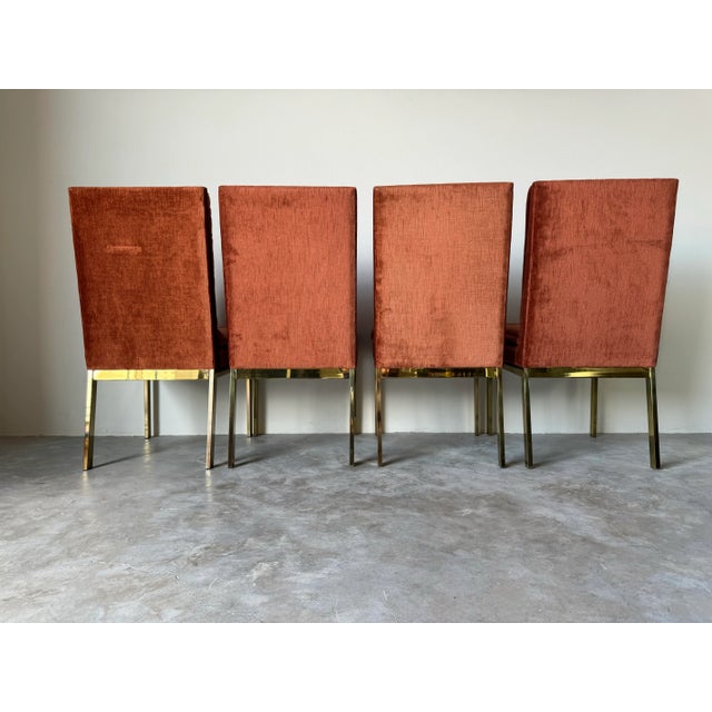 Set of Four Mid- Century Brass & Orange Velvet Chenille Dining Chairs by Milo Baughman for Dia For Sale - Image 10 of 12
